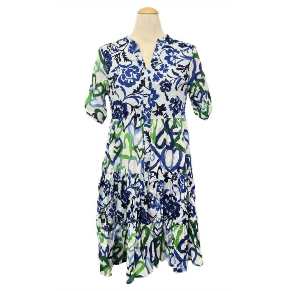 NEW DRESS ADDICT women's july dress in white w/ blue and green pattern